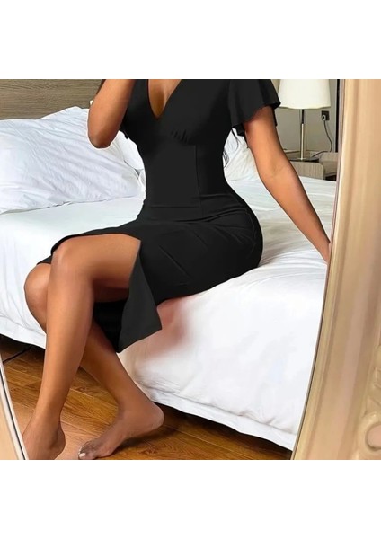 Kadın Kısa Kollu Derin Dekolte V Yakalı Yırtmaçlı Midi Janjan Krep Elbise fırsatları