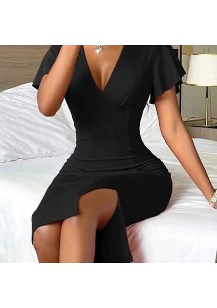 Kadın Kısa Kollu Derin Dekolte V Yakalı Yırtmaçlı Midi Janjan Krep Elbise indirimleri