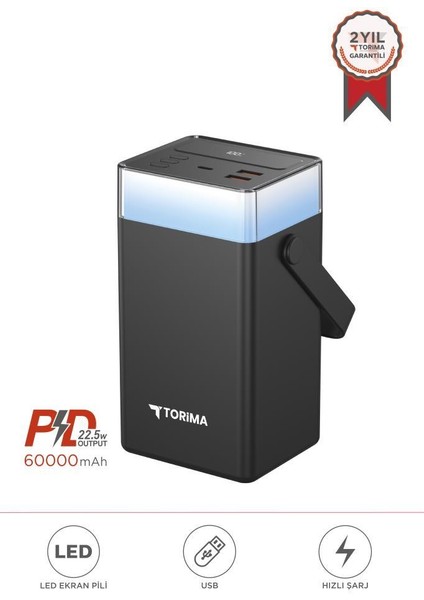 TRM-1061 Siyah 60.000 Mah Type-C + Lightning + USB Taşınabilir 22,5 W Hızlı Şarj Dijital Göstergeli Rgb LED Işıklı Powerbank