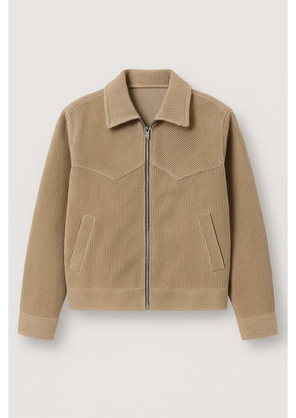 Dreyer Fitilli Kadife Kumaş Fileto Cepli Fermuarlı Erkek Ceket - Bej