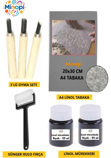 Linol Tabaka Levha 2.5 mm 20X30 cm , Siyah Mürekkep , Rulo Sünger , 3'lü Oyma Seti , Linol Baskı