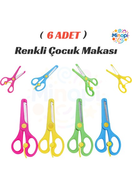 6 Adet Renkli Çocuk Makası Yaylı Korumalı Makas Plastik Makas Küt Uçlu
