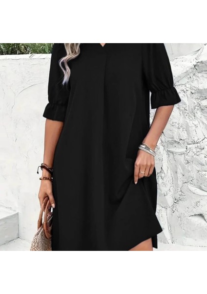 Kadın Kısa Kollu V Yakalı Salaş Janjan Krep Elbise