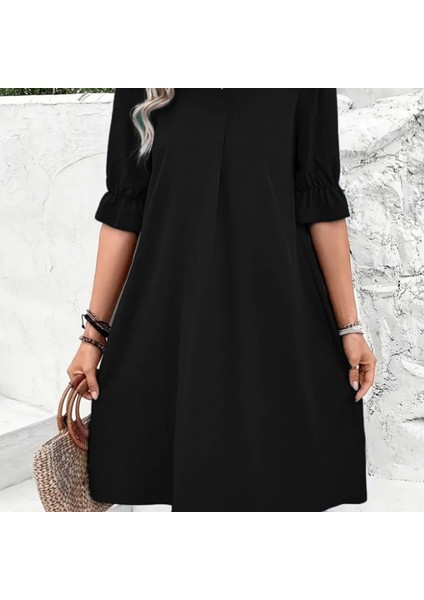 Kadın Kısa Kollu V Yakalı Salaş Janjan Krep Elbise fırsatları