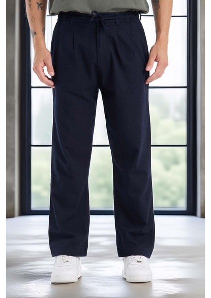 Bergman Keten Görünümlü Pamuklu Flamlı Rahat Kalıp Pileli Erkek Pantolon - Lacivert