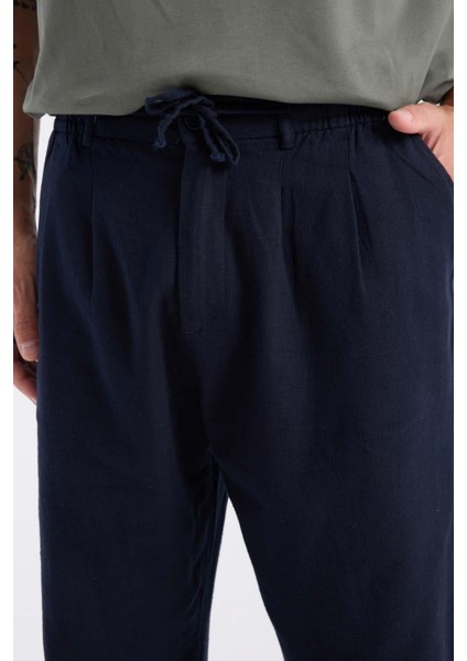 Bergman Keten Görünümlü Pamuklu Flamlı Rahat Kalıp Pileli Erkek Pantolon - Lacivert fiyatları