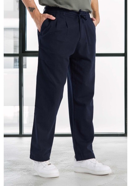 Bergman Keten Görünümlü Pamuklu Flamlı Rahat Kalıp Pileli Erkek Pantolon - Lacivert modelleri