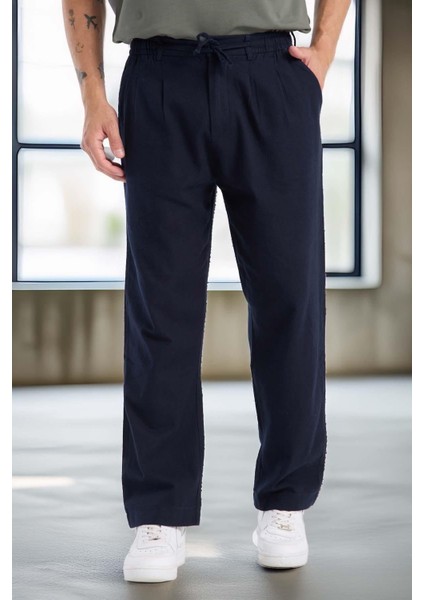 Bergman Keten Görünümlü Pamuklu Flamlı Rahat Kalıp Pileli Erkek Pantolon - Lacivert fırsatları