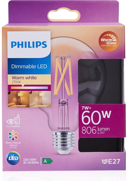 Dim Edilebilir Filament 806Lm Şeffaf Ampul 7/60 W G93 E27 - 2700K Sarı Işık