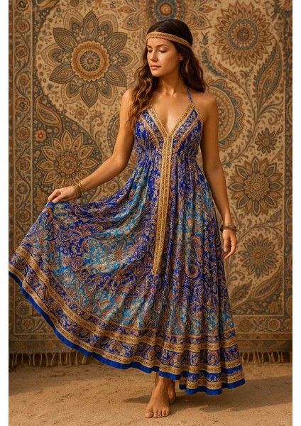 Ince Askılı Ipek Sırtı Açık Uzun Bohem Elbise