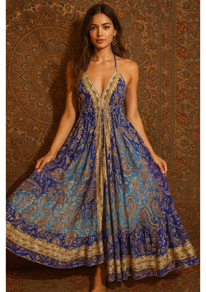 Ince Askılı Ipek Sırtı Açık Uzun Bohem Elbise modelleri