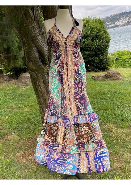 Ince Askılı Ipek Sırtı Açık Uzun Bohem Elbise fırsatları