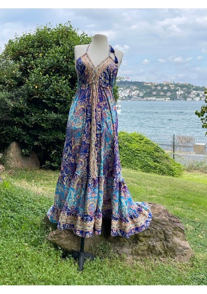 Ince Askılı Ipek Sırtı Açık Uzun Bohem Elbise indirimleri