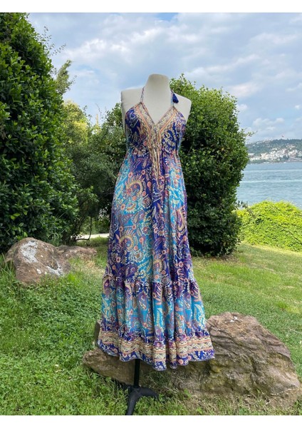 Ince Askılı Ipek Sırtı Açık Uzun Bohem Elbise