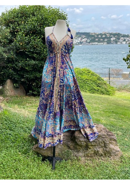 Ince Askılı Ipek Sırtı Açık Uzun Bohem Elbise