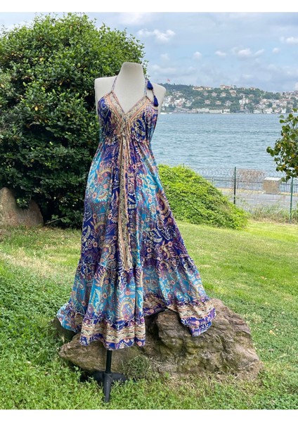 Ince Askılı Ipek Sırtı Açık Uzun Bohem Elbise