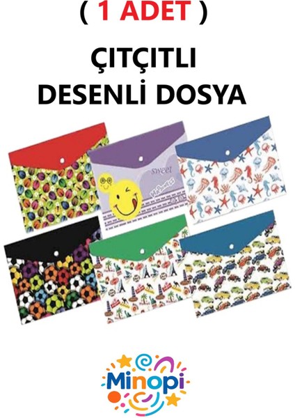 ( 1 Adet ) Desenli Dosya Çıtçıt Dosya A4 Karışık Desenler Çıtçıtlı Dosya