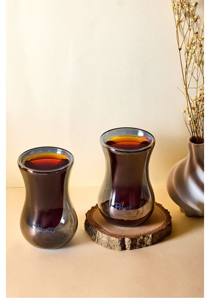 Füme 2'li Isıya Dayanıklı Çift Cidarlı Cam Çay Bardağı 150 ml