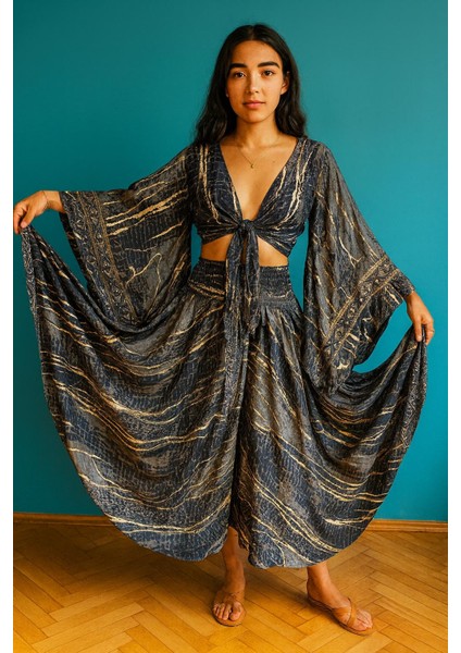 Ipek Yaldızlı Palazzo Pantolon & Bağlamalı Üst Takım – Bohem Şık Tasarım