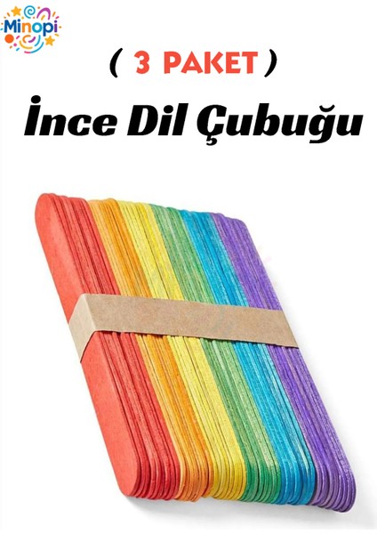 3 Paket Renkli Ince Dil Çubuğu Paketi 50'li Abeslang Tahta Dil Çubuğu - Ağda Spatulası