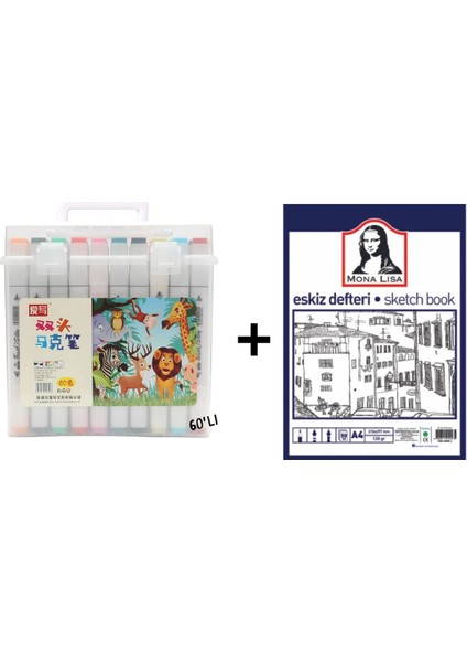 60'lı Çift Taraflı Art Marker Keçeli Kalem Seti Kutulu + Mona Lisa Eskiz Defteri A4 50 Yaprak 120GR.