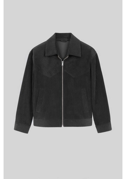 Dreyer Fitilli Kadife Kumaş Fileto Cepli Fermuarlı Erkek Ceket - Siyah