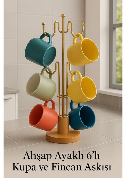 Ahşap Ayaklı Metal Gold Kupa ve Fincan Askısı