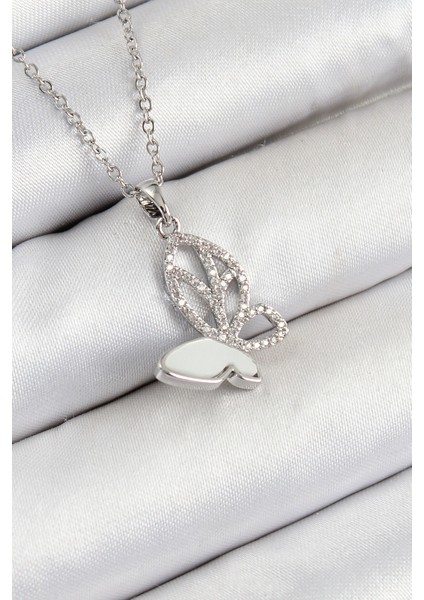 316L Çelik Zirkon Taşlı Kelebek Model Gümüş Renk Kadın Kolye - Lisinya