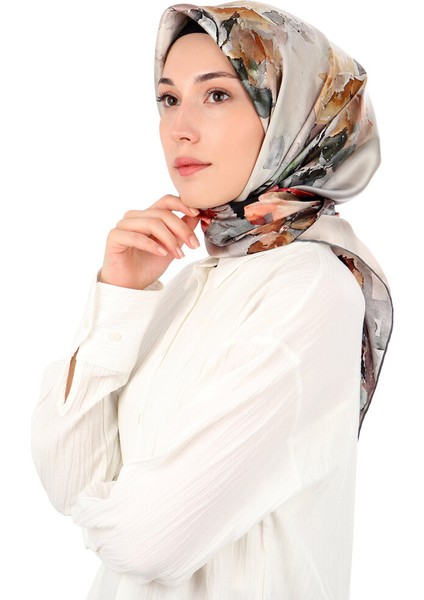 Gri Kamelya Desen Sura Ipek Eşarp