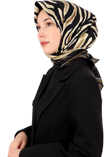 Gold Zebra Desen Twill Ipek Eşarp