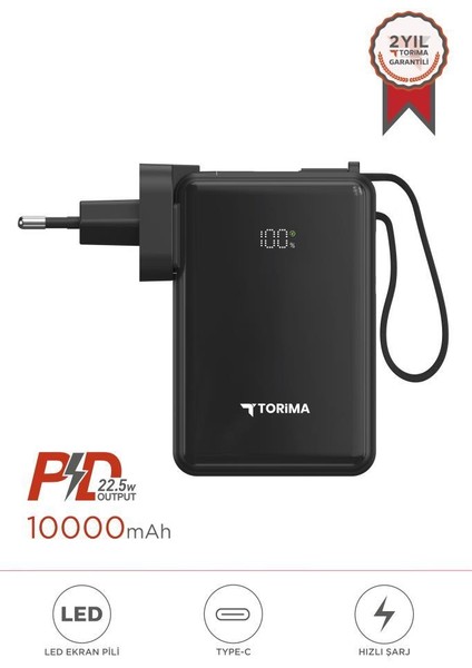 TRM-1017 Siyah 10000 Mah Type-C Giriş ve Çıkışlı Taşınabilir 22,5 W Hızlı Şarj Dijital Göstergeli Powerbank