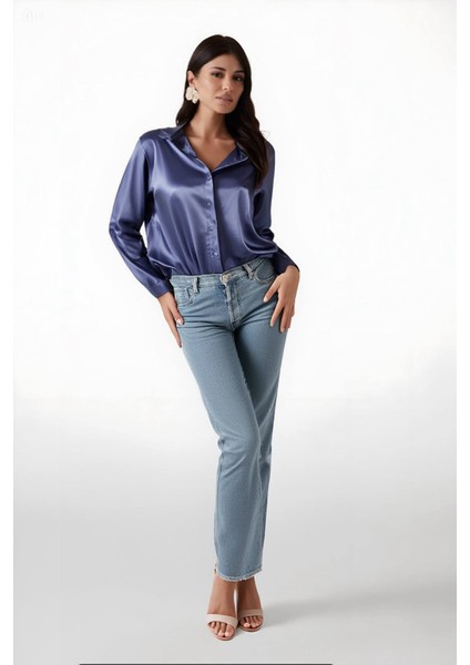 Kadın Mavi Hafif Dökümlü Saten Yüzeyli Gömlek HZL22W-BD139641 modelleri