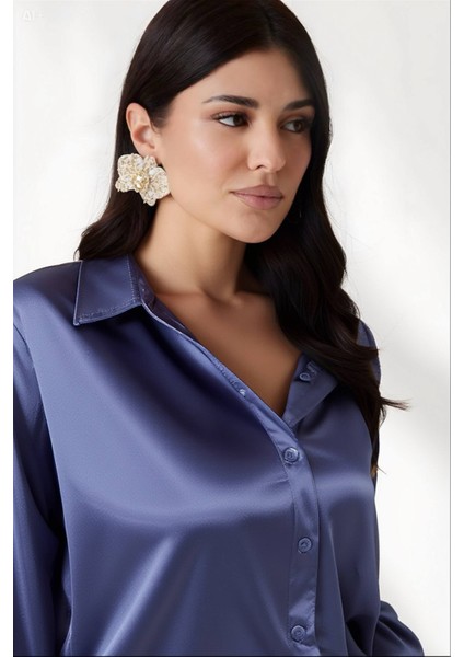 Kadın Mavi Hafif Dökümlü Saten Yüzeyli Gömlek HZL22W-BD139641 fiyatları