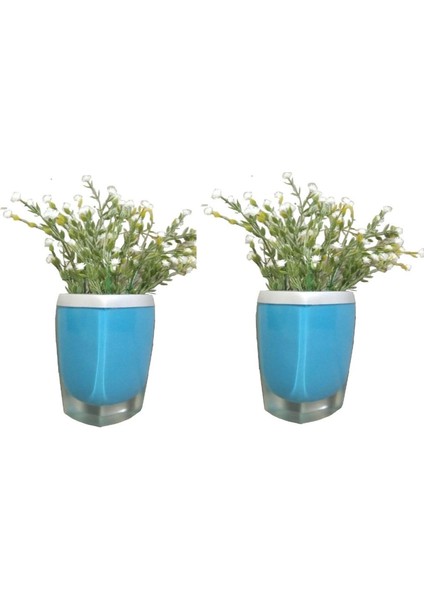 2 Adet Vazo Dahil,vazoda Çiçek,beyaz Yapay Çiçek,vazo Dekoratif Gri Mavi Poliresin 8X4X16CM