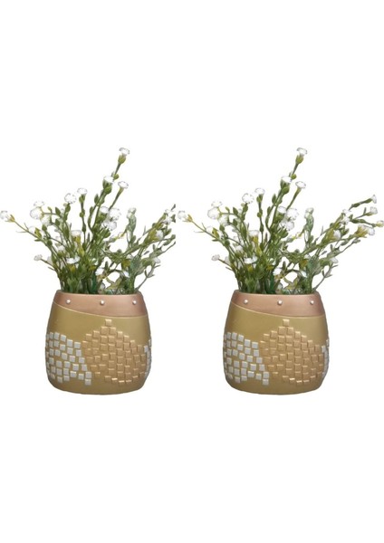2 Adet Vazo Dahil,vazoda Çiçek,beyaz Yapay Çiçek,vazo Dekoratif Altın Mozaik Poliresin 10X15X5CM