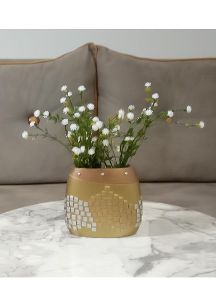 2 Adet Vazo Dahil,vazoda Çiçek,beyaz Yapay Çiçek,vazo Dekoratif Altın Mozaik Poliresin 10X15X5CM fiyatları