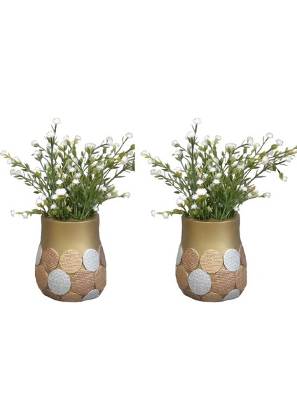 2 Adet Vazo Dahil,vazoda Çiçek,beyaz Yapay Çiçek,vazo Dekoratif Altın Puanlı Poliresin 9X9X15CM