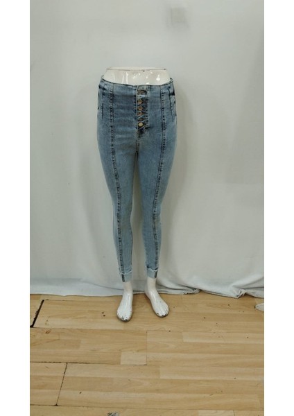 Kadın Çok Düğmeli Yüksek Bel Jean Pantolon fırsatları
