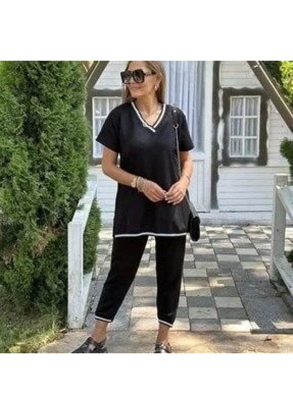 Kadın Kısa Kollu V Yakalı Iki Iplik Bluz ve Pantolon Ikili Takım fiyatları