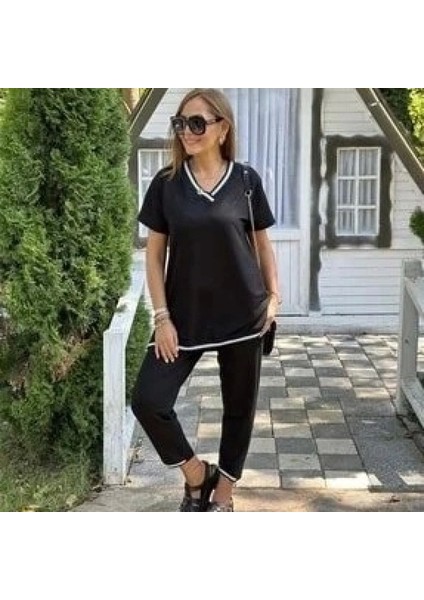 Kadın Kısa Kollu V Yakalı Iki Iplik Bluz ve Pantolon Ikili Takım modelleri