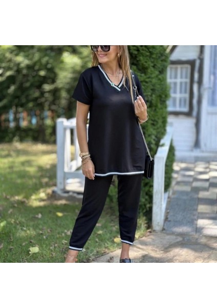 Kadın Kısa Kollu V Yakalı Iki Iplik Bluz ve Pantolon Ikili Takım fırsatları