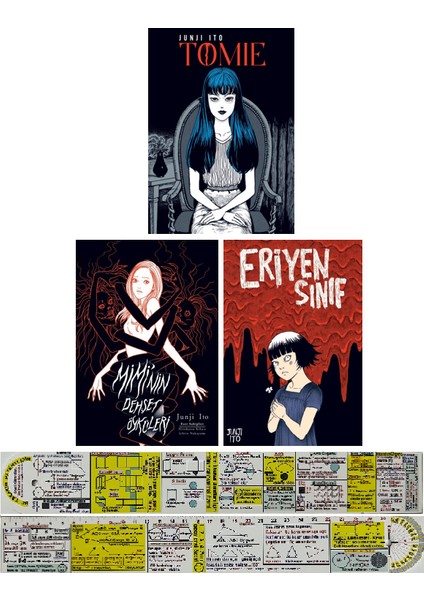 Tomie + Mimi'nin Dehşet Öyküleri + Eriyen Sınıf Özel Bez Ciltli Manga Seti Junji+Mat. Öğreten Cetvel
