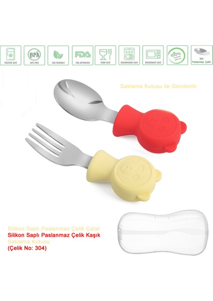Kırmızı-Sarı Premium Çocuk Bpa Free Kaliteli Silikon Saplı Paslanmaz Çelik Uçlu Çatal-Kaşık Set indirimleri
