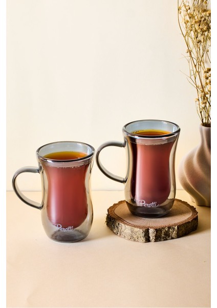 Füme 2'li Isıya Dayanıklı Çift Cidarlı Kulplu Cam Çay Bardağı 150 ml