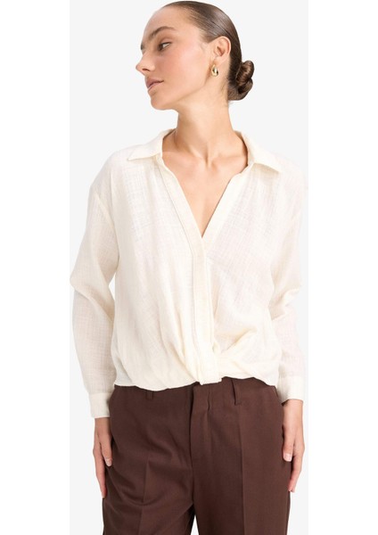 Regular Fit Gömlek Yaka Pamuklu Uzun Kollu Bluz F9998AX25AU fırsatları