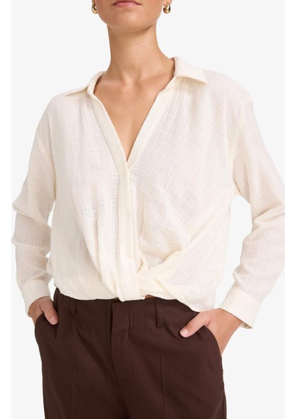 Regular Fit Gömlek Yaka Pamuklu Uzun Kollu Bluz F9998AX25AU indirimleri