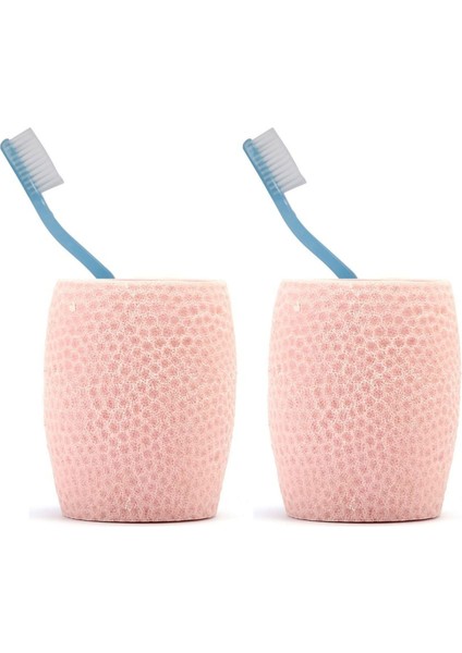 2 Adet Diş Fırçalık,macunluk Pembe Petek Desenli Poliresin 8X8X10CM 400ML Banyo Seti