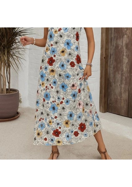 Kadın Ip Askılı Geniş V Yakalı Desenli Süprem Elbise