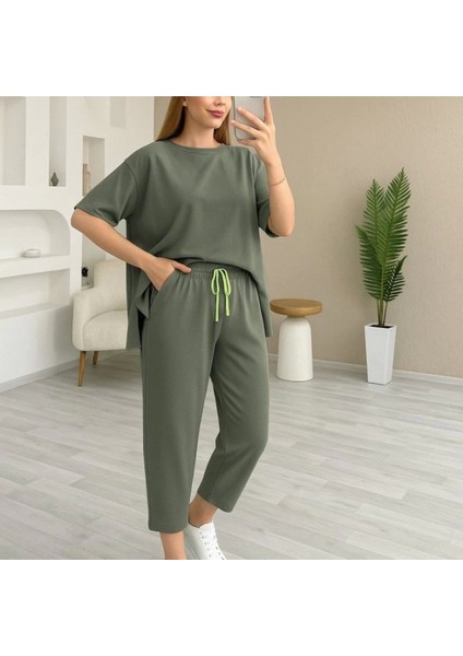 Kadın Kısa Kollu Bisiklet Yaka Viskon Iki Iplik Bluz ve Pantolon Ikili Takım modelleri