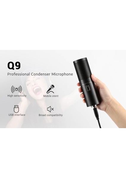 Rgb LED Profesyonel USB Kondansatör Mikrofon – 24 Bit / 96KHZ, Kardioid, Tak-Çalıştır, Tripod Dahil, Podcast, Oyun ve Yayın Için | Q9 modelleri